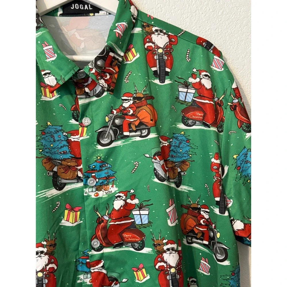 JOGAL Mens Santa Motorcycle Print Short Sleeve Button Up Shirt - XL‎ Festive